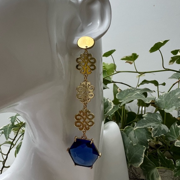 Elegant Dark Blue Dangle Statement Earrings - Long Stylish Wedding Earrings - Picture 9 of 10